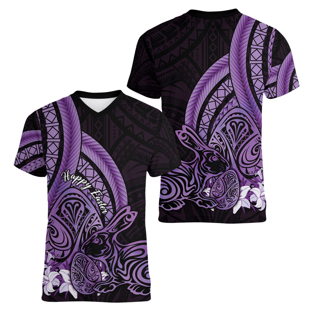 Purple Polynesia Easter Day Women V Neck T Shirt Eggs With Bunny Polynesian Pattern