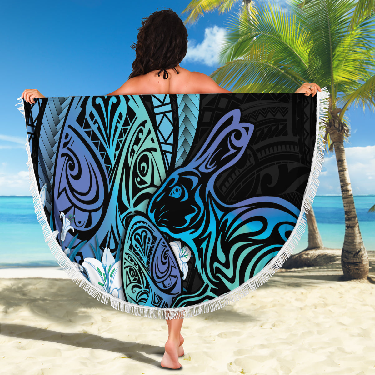 Turquoise Polynesia Easter Day Beach Blanket Eggs With Bunny Polynesian Pattern LT14 - Polynesian Pride