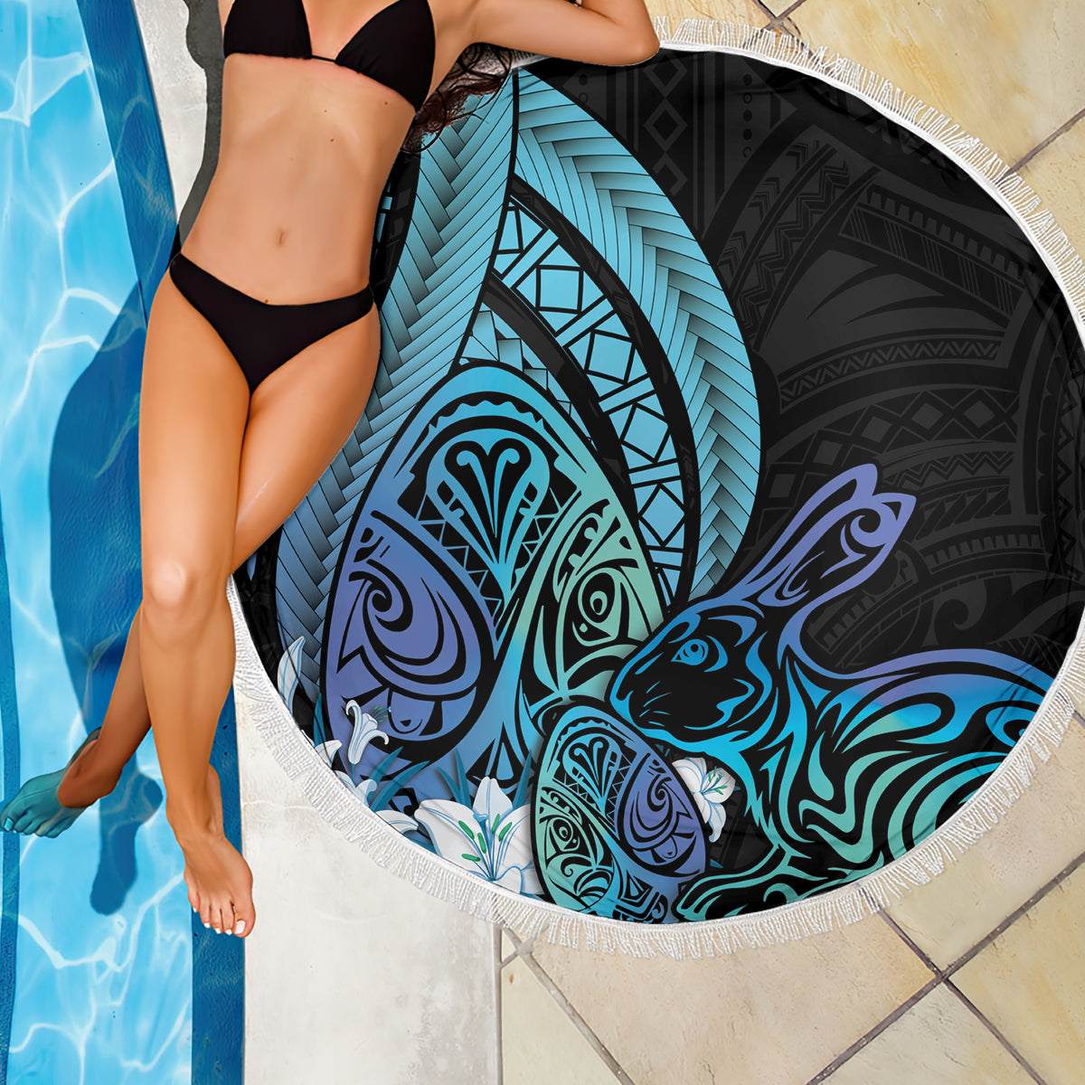 Turquoise Polynesia Easter Day Beach Blanket Eggs With Bunny Polynesian Pattern LT14 - Polynesian Pride