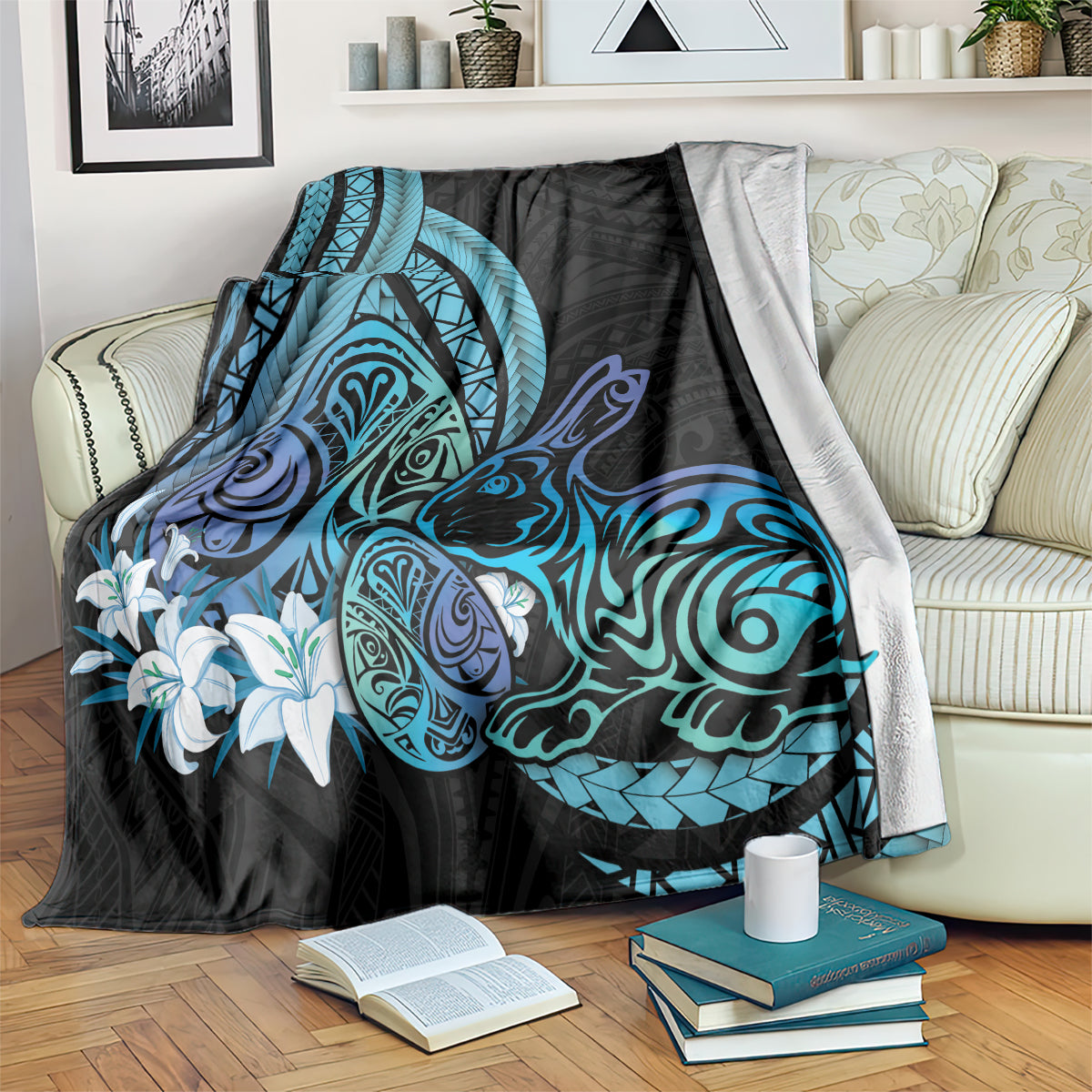 Turquoise Polynesia Easter Day Blanket Eggs With Bunny Polynesian Pattern LT14 Turquoise - Polynesian Pride
