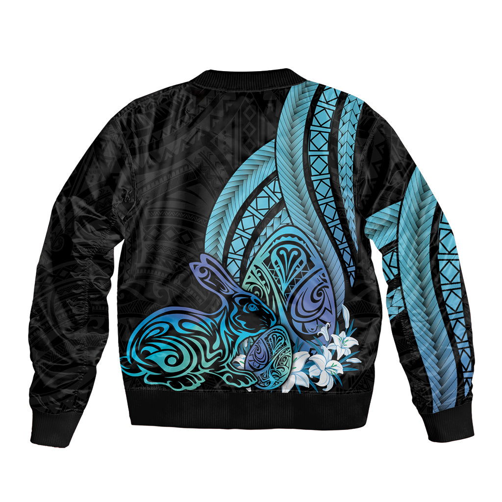 Turquoise Polynesia Easter Day Bomber Jacket Eggs With Bunny Polynesian Pattern LT14 - Polynesian Pride