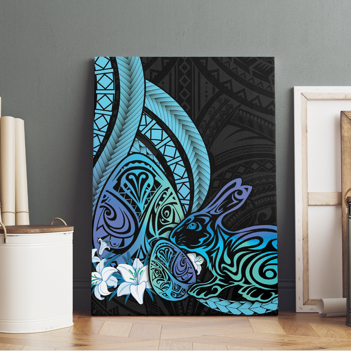 Turquoise Polynesia Easter Day Canvas Wall Art Eggs With Bunny Polynesian Pattern LT14 - Polynesian Pride
