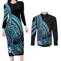 Turquoise Polynesia Easter Day Couples Matching Long Sleeve Bodycon Dress and Long Sleeve Button Shirt Eggs With Bunny Polynesian Pattern LT14 Turquoise - Polynesian Pride