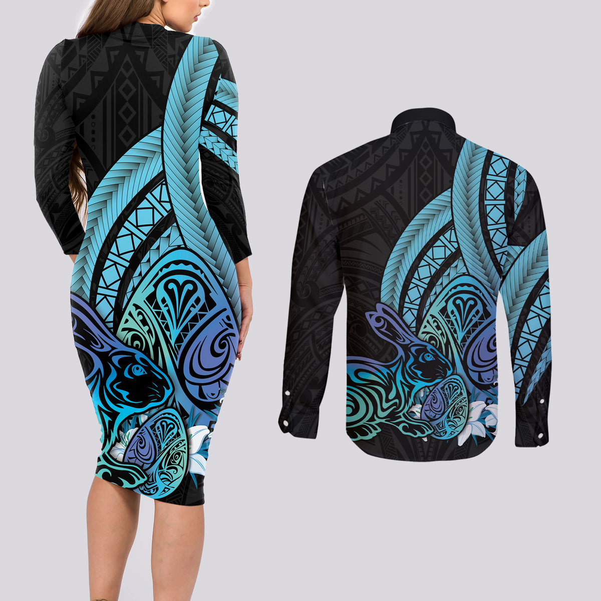 Turquoise Polynesia Easter Day Couples Matching Long Sleeve Bodycon Dress and Long Sleeve Button Shirt Eggs With Bunny Polynesian Pattern LT14 - Polynesian Pride