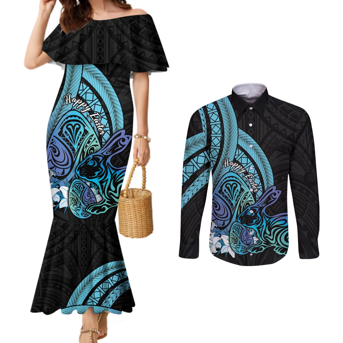 Turquoise Polynesia Easter Day Couples Matching Mermaid Dress and Long Sleeve Button Shirt Eggs With Bunny Polynesian Pattern LT14 Turquoise - Polynesian Pride