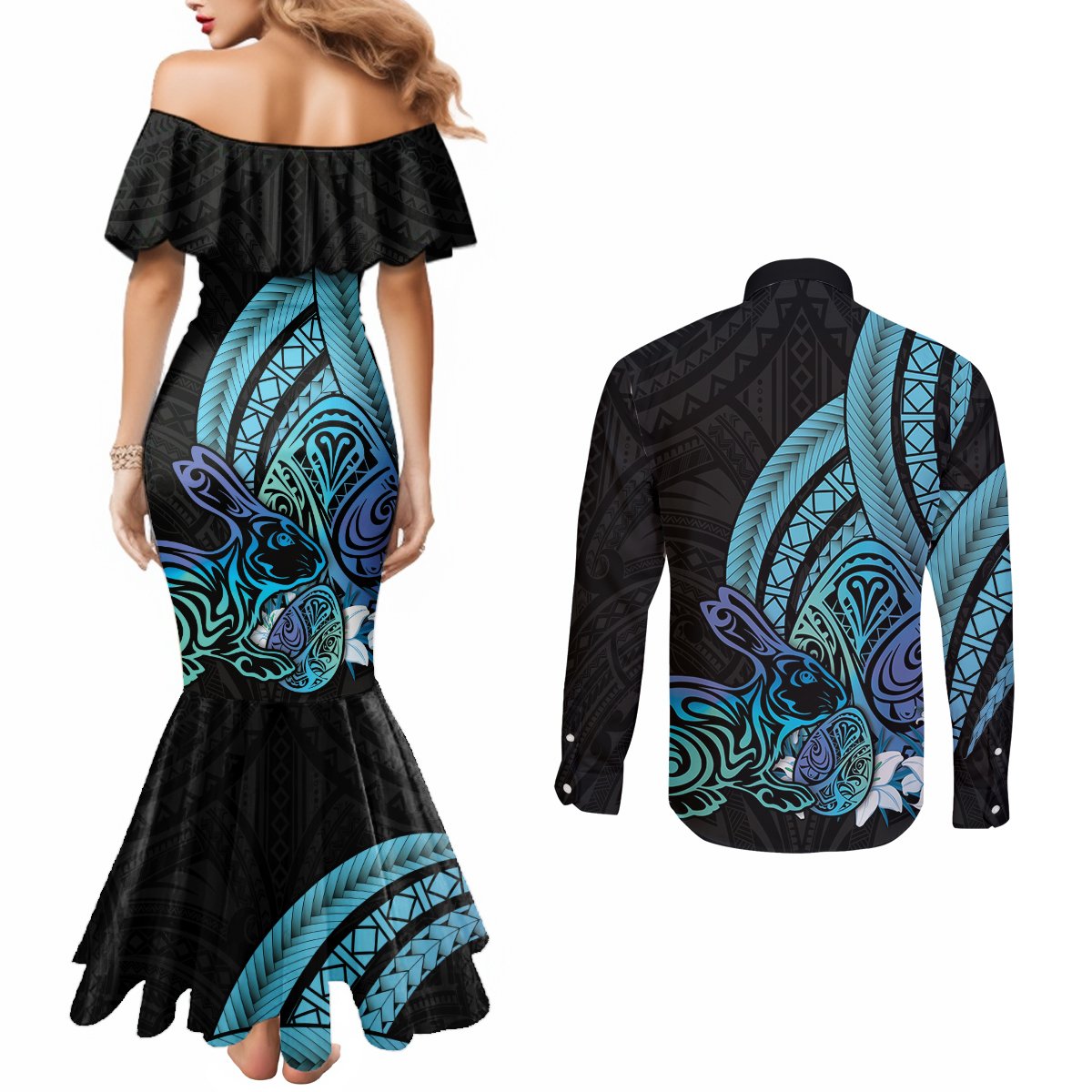 Turquoise Polynesia Easter Day Couples Matching Mermaid Dress and Long Sleeve Button Shirt Eggs With Bunny Polynesian Pattern LT14 - Polynesian Pride
