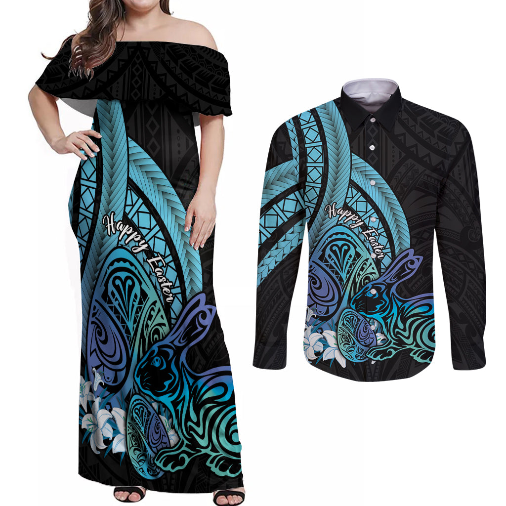 Turquoise Polynesia Easter Day Couples Matching Off Shoulder Maxi Dress and Long Sleeve Button Shirt Eggs With Bunny Polynesian Pattern LT14 Turquoise - Polynesian Pride