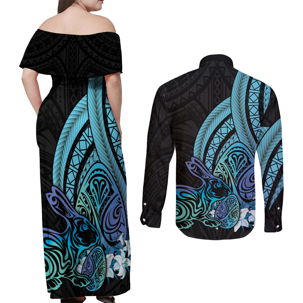 Turquoise Polynesia Easter Day Couples Matching Off Shoulder Maxi Dress and Long Sleeve Button Shirt Eggs With Bunny Polynesian Pattern LT14 - Polynesian Pride