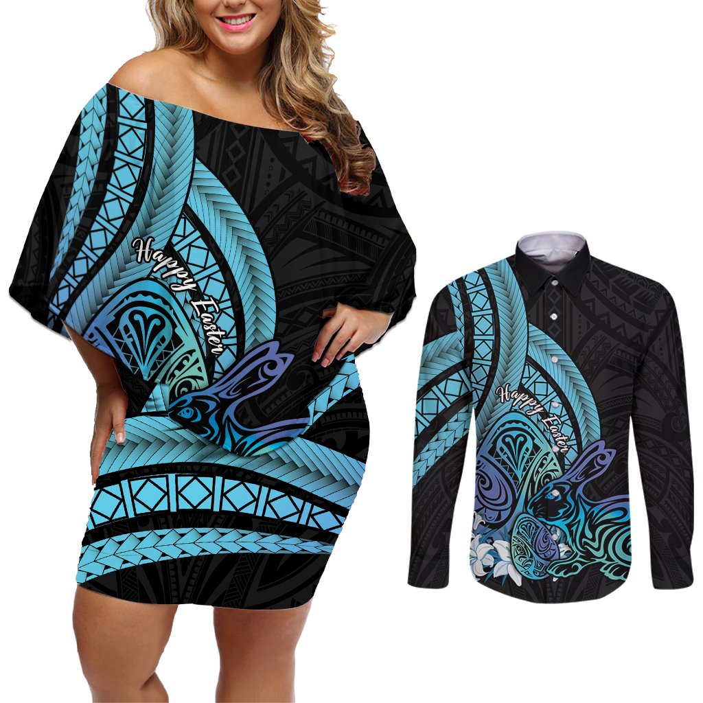 Turquoise Polynesia Easter Day Couples Matching Off Shoulder Short Dress and Long Sleeve Button Shirt Eggs With Bunny Polynesian Pattern LT14 Turquoise - Polynesian Pride