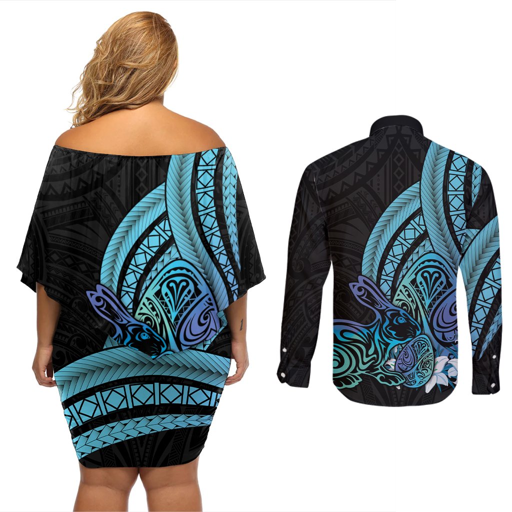 Turquoise Polynesia Easter Day Couples Matching Off Shoulder Short Dress and Long Sleeve Button Shirt Eggs With Bunny Polynesian Pattern LT14 - Polynesian Pride