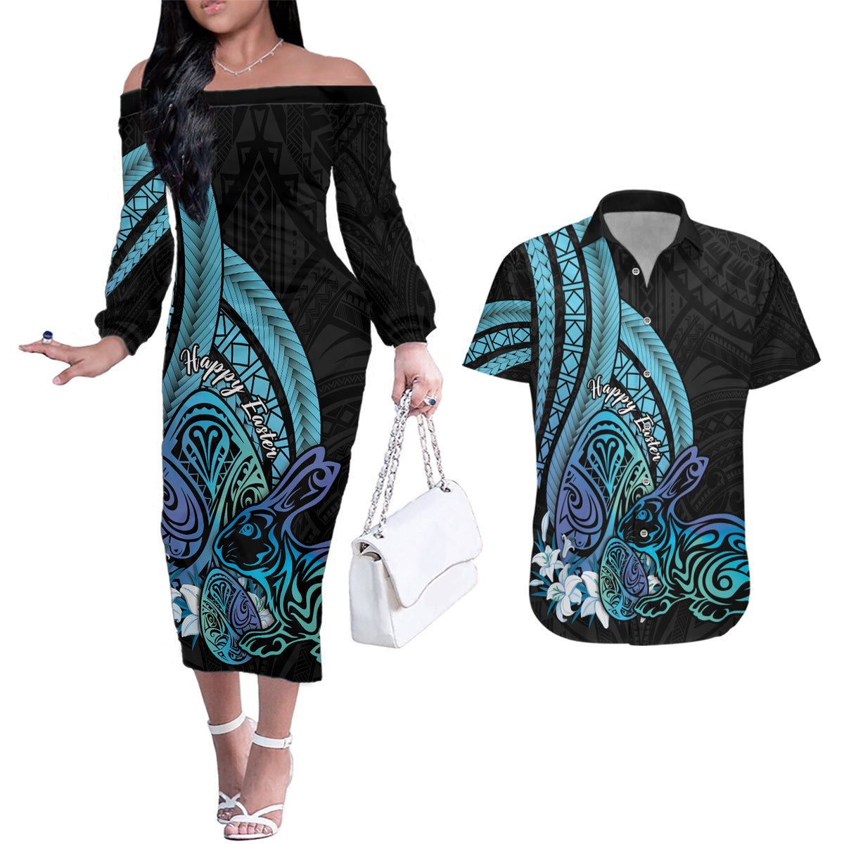 Turquoise Polynesia Easter Day Couples Matching Off The Shoulder Long Sleeve Dress and Hawaiian Shirt Eggs With Bunny Polynesian Pattern LT14 Turquoise - Polynesian Pride