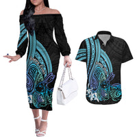 Turquoise Polynesia Easter Day Couples Matching Off The Shoulder Long Sleeve Dress and Hawaiian Shirt Eggs With Bunny Polynesian Pattern LT14 Turquoise - Polynesian Pride