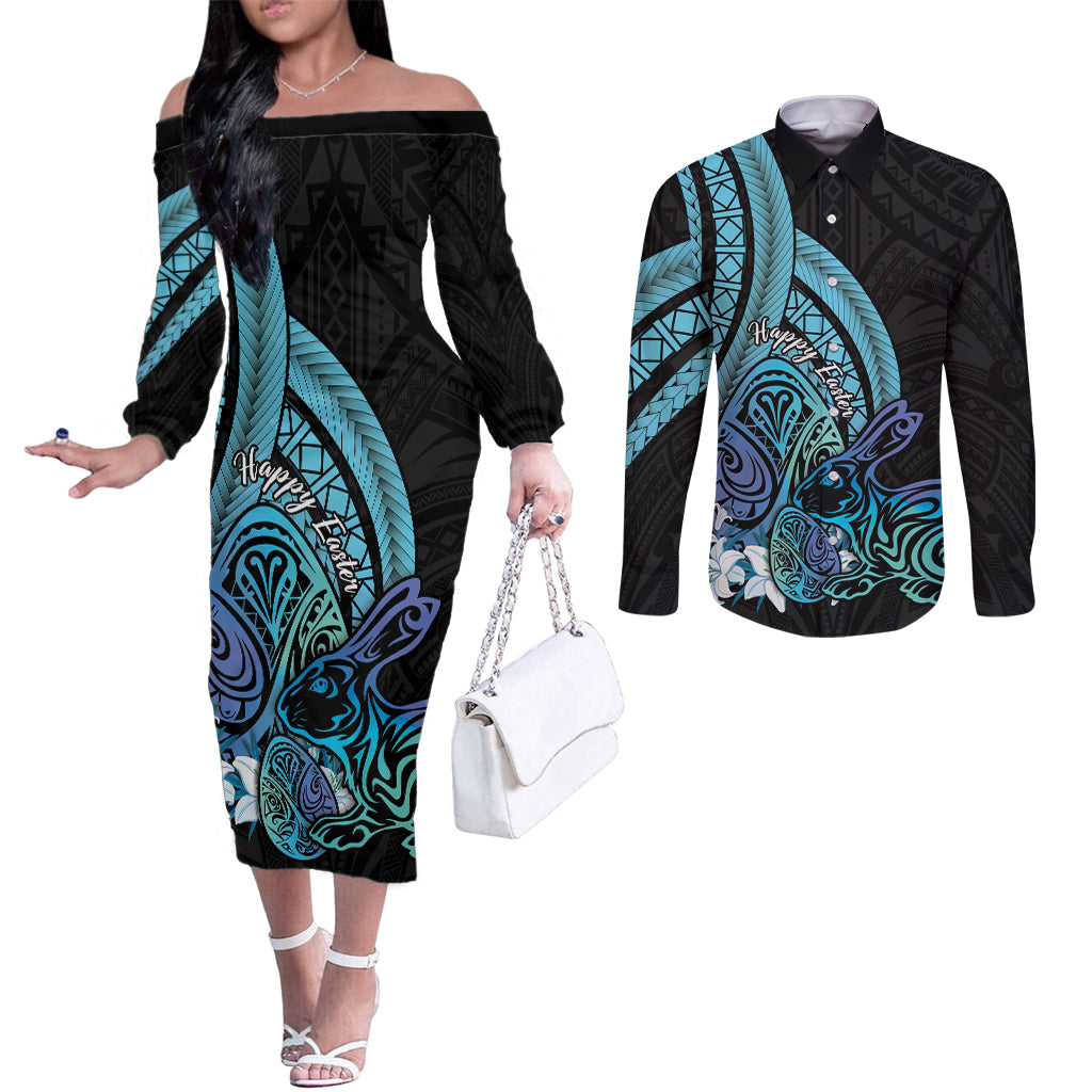 Turquoise Polynesia Easter Day Couples Matching Off The Shoulder Long Sleeve Dress and Long Sleeve Button Shirt Eggs With Bunny Polynesian Pattern LT14 Turquoise - Polynesian Pride