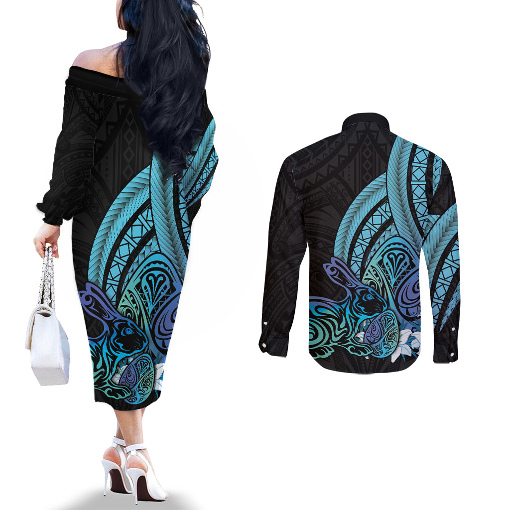 Turquoise Polynesia Easter Day Couples Matching Off The Shoulder Long Sleeve Dress and Long Sleeve Button Shirt Eggs With Bunny Polynesian Pattern LT14 - Polynesian Pride