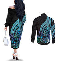 Turquoise Polynesia Easter Day Couples Matching Off The Shoulder Long Sleeve Dress and Long Sleeve Button Shirt Eggs With Bunny Polynesian Pattern LT14 - Polynesian Pride