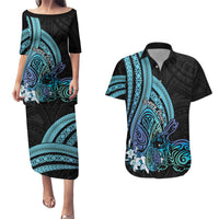 Turquoise Polynesia Easter Day Couples Matching Puletasi and Hawaiian Shirt Eggs With Bunny Polynesian Pattern LT14 Turquoise - Polynesian Pride