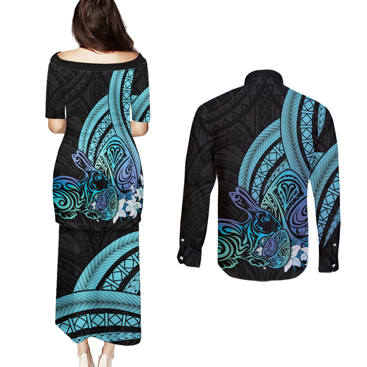 Turquoise Polynesia Easter Day Couples Matching Puletasi and Long Sleeve Button Shirt Eggs With Bunny Polynesian Pattern LT14 - Polynesian Pride
