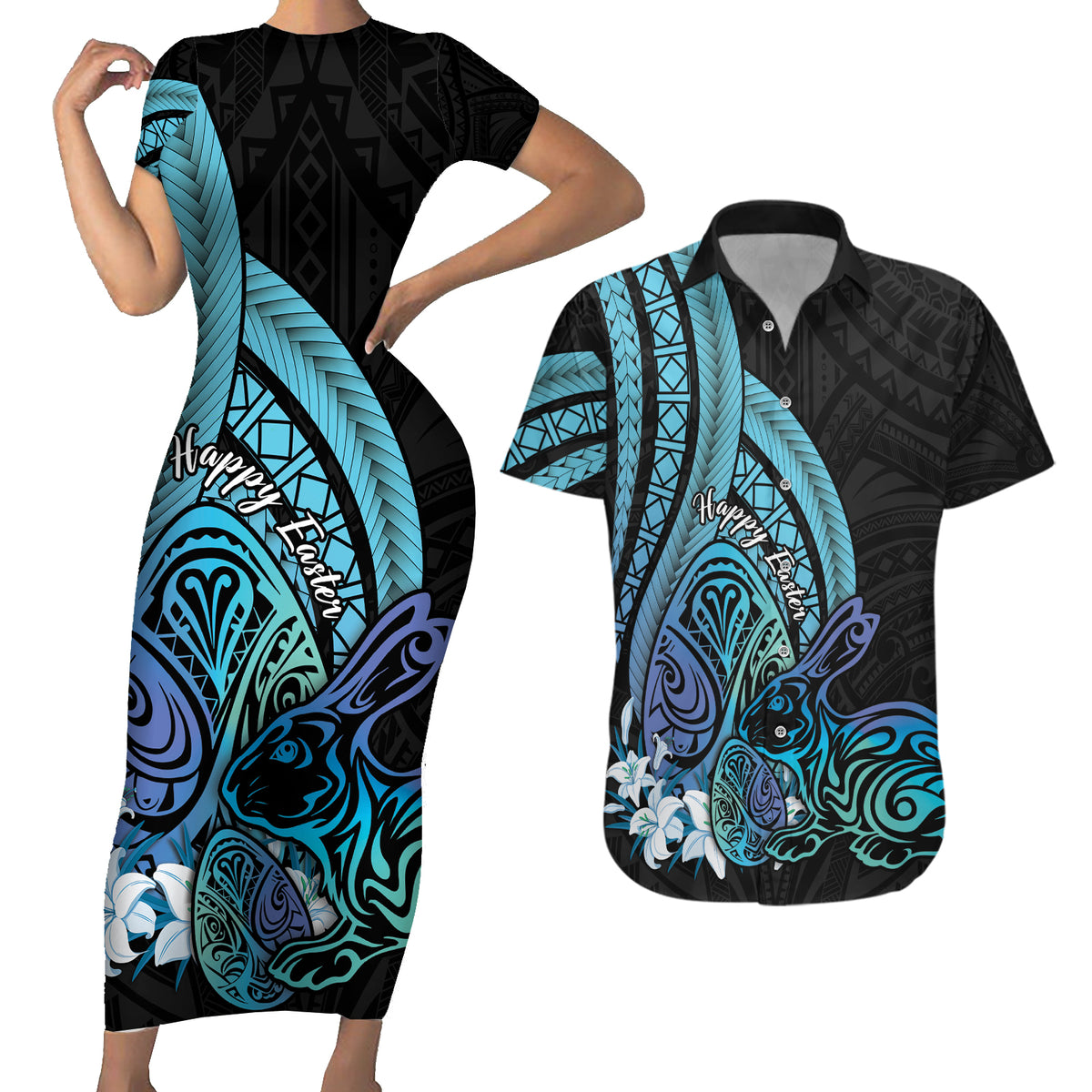 Turquoise Polynesia Easter Day Couples Matching Short Sleeve Bodycon Dress and Hawaiian Shirt Eggs With Bunny Polynesian Pattern LT14 Turquoise - Polynesian Pride