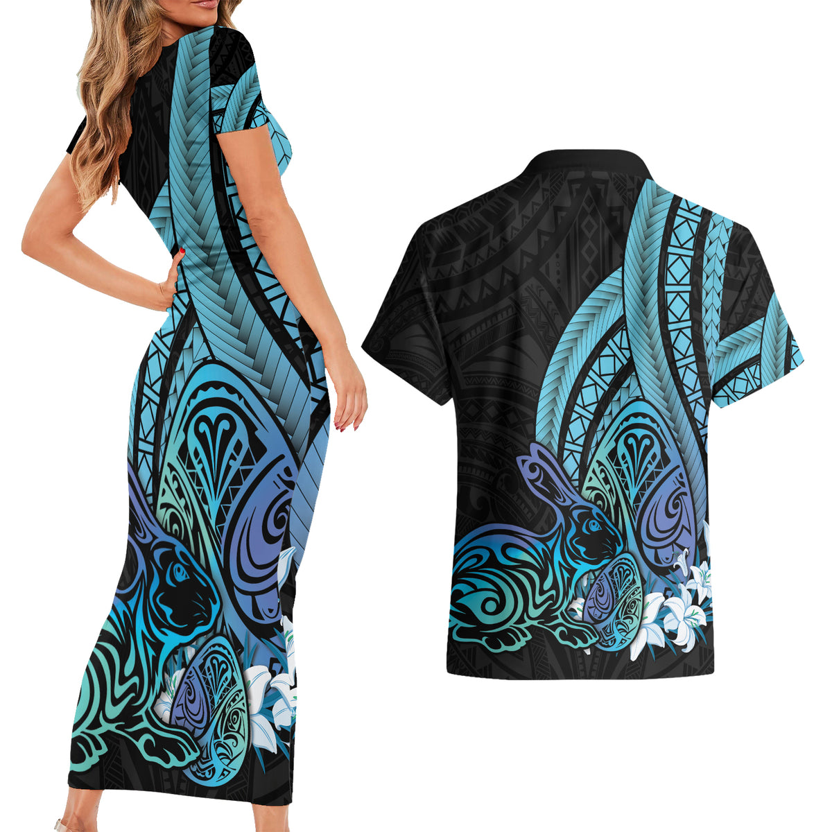 Turquoise Polynesia Easter Day Couples Matching Short Sleeve Bodycon Dress and Hawaiian Shirt Eggs With Bunny Polynesian Pattern LT14 - Polynesian Pride