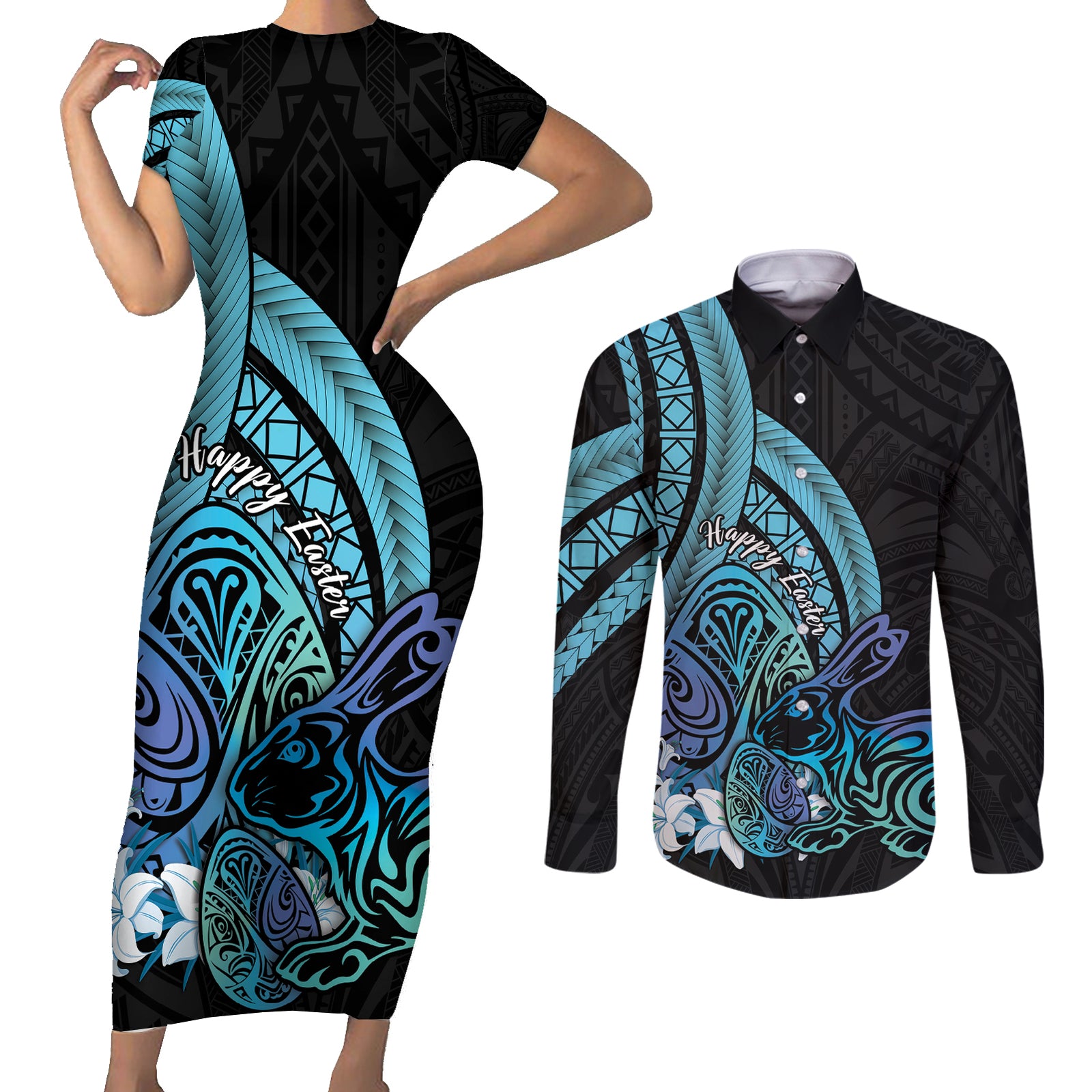 Turquoise Polynesia Easter Day Couples Matching Short Sleeve Bodycon Dress and Long Sleeve Button Shirt Eggs With Bunny Polynesian Pattern LT14 Turquoise - Polynesian Pride
