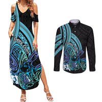 Turquoise Polynesia Easter Day Couples Matching Summer Maxi Dress and Long Sleeve Button Shirt Eggs With Bunny Polynesian Pattern LT14 Turquoise - Polynesian Pride