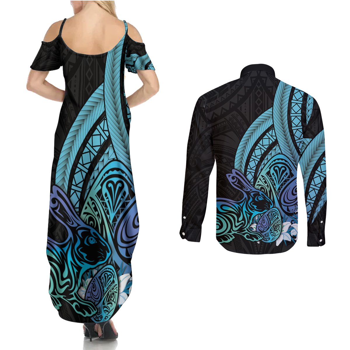 Turquoise Polynesia Easter Day Couples Matching Summer Maxi Dress and Long Sleeve Button Shirt Eggs With Bunny Polynesian Pattern LT14 - Polynesian Pride