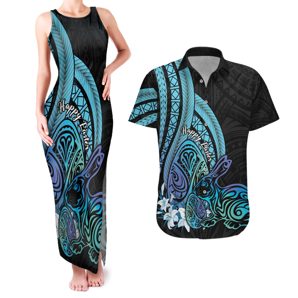 Turquoise Polynesia Easter Day Couples Matching Tank Maxi Dress and Hawaiian Shirt Eggs With Bunny Polynesian Pattern LT14 Turquoise - Polynesian Pride