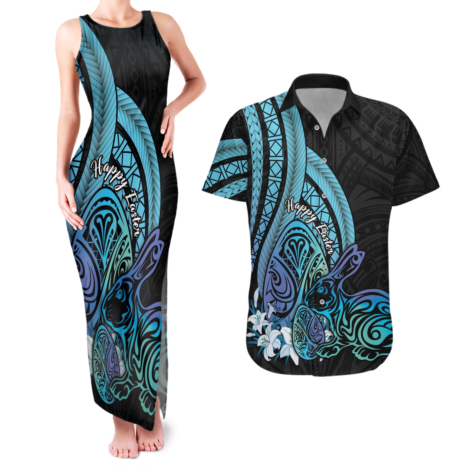 Turquoise Polynesia Easter Day Couples Matching Tank Maxi Dress and Hawaiian Shirt Eggs With Bunny Polynesian Pattern LT14 Turquoise - Polynesian Pride