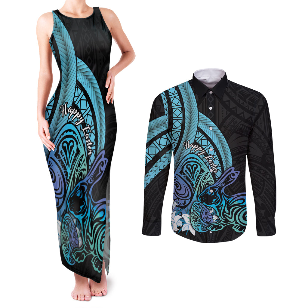 Turquoise Polynesia Easter Day Couples Matching Tank Maxi Dress and Long Sleeve Button Shirt Eggs With Bunny Polynesian Pattern LT14 Turquoise - Polynesian Pride