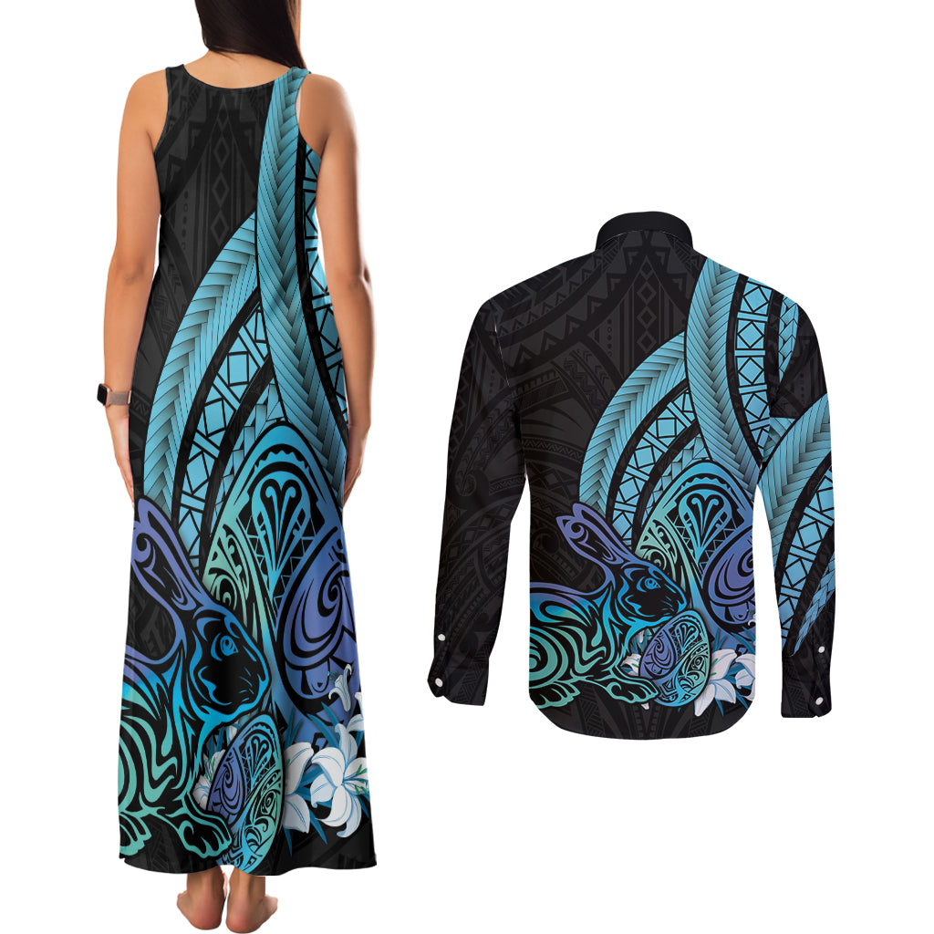 Turquoise Polynesia Easter Day Couples Matching Tank Maxi Dress and Long Sleeve Button Shirt Eggs With Bunny Polynesian Pattern LT14 - Polynesian Pride