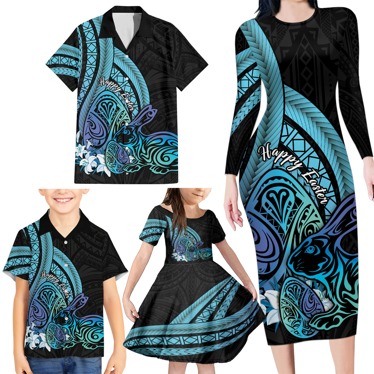 Turquoise Polynesia Easter Day Family Matching Long Sleeve Bodycon Dress and Hawaiian Shirt Eggs With Bunny Polynesian Pattern