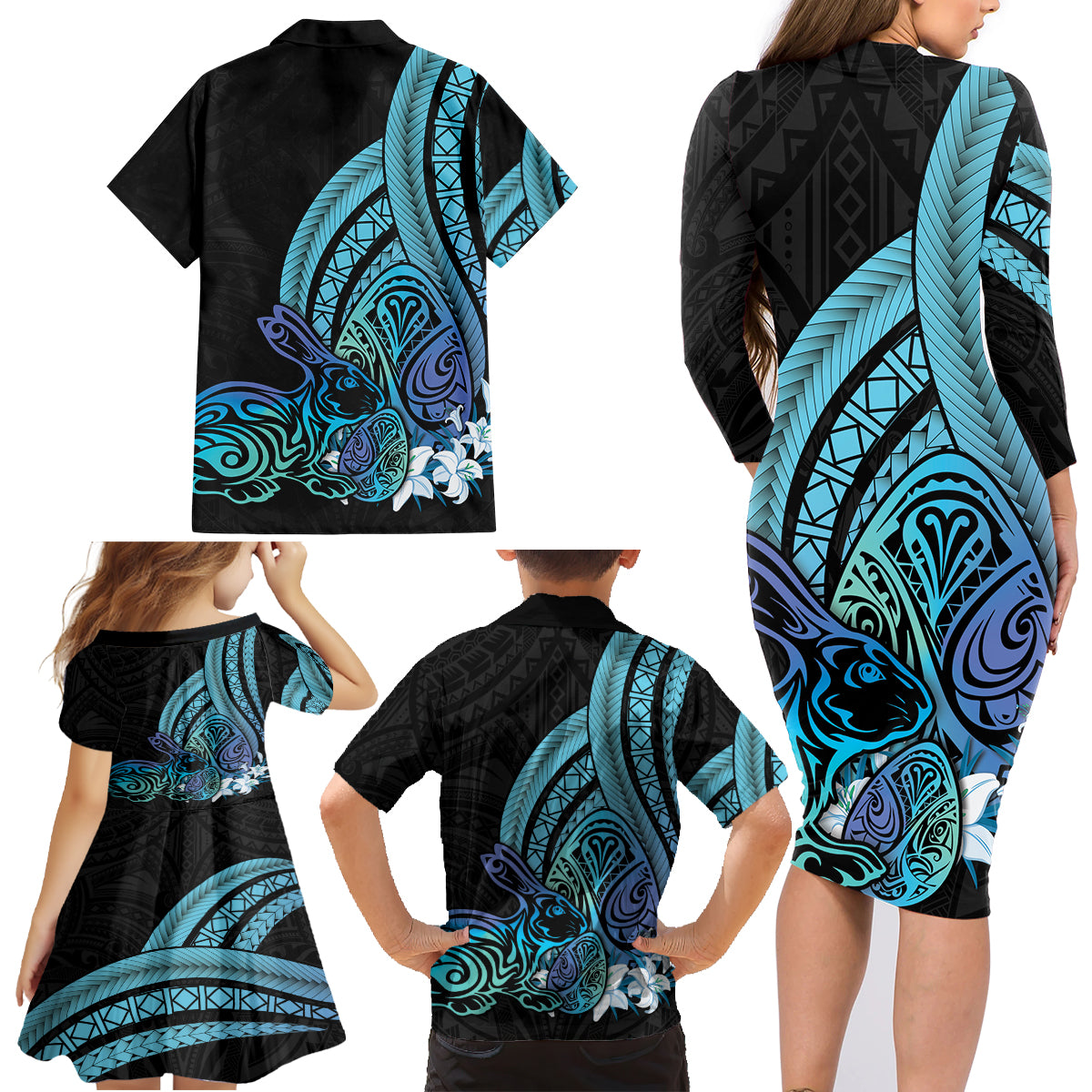 Turquoise Polynesia Easter Day Family Matching Long Sleeve Bodycon Dress and Hawaiian Shirt Eggs With Bunny Polynesian Pattern LT14 - Polynesian Pride