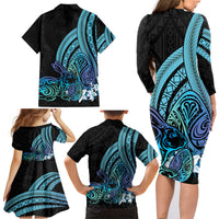 Turquoise Polynesia Easter Day Family Matching Long Sleeve Bodycon Dress and Hawaiian Shirt Eggs With Bunny Polynesian Pattern LT14 - Polynesian Pride