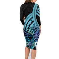 Turquoise Polynesia Easter Day Family Matching Long Sleeve Bodycon Dress and Hawaiian Shirt Eggs With Bunny Polynesian Pattern LT14 - Polynesian Pride