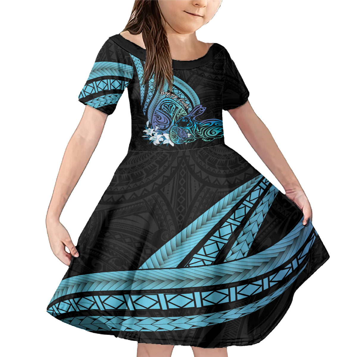 Turquoise Polynesia Easter Day Family Matching Mermaid Dress and Hawaiian Shirt Eggs With Bunny Polynesian Pattern LT14 Daughter's Dress Turquoise - Polynesian Pride