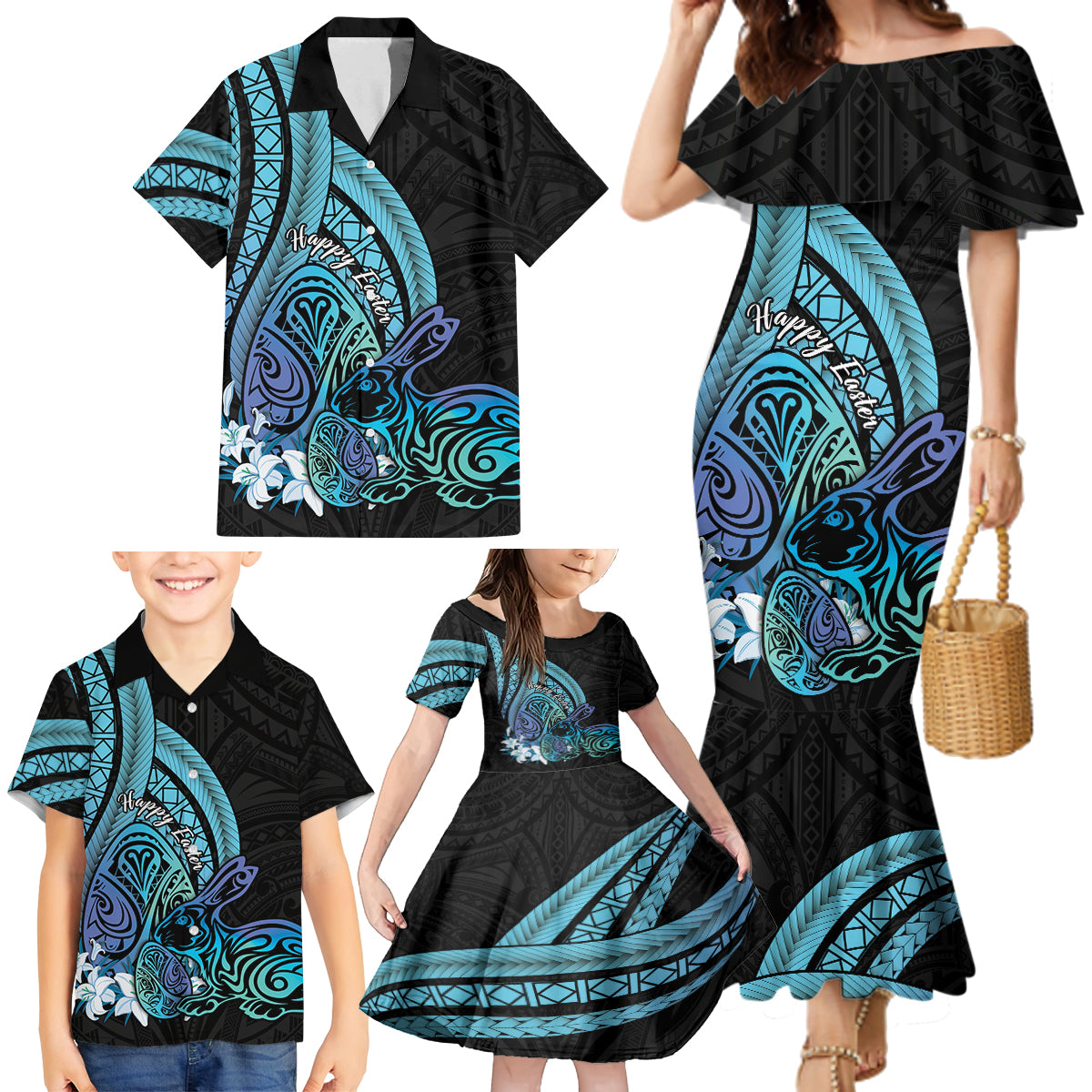 Turquoise Polynesia Easter Day Family Matching Mermaid Dress and Hawaiian Shirt Eggs With Bunny Polynesian Pattern