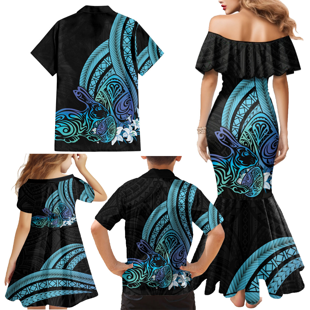 Turquoise Polynesia Easter Day Family Matching Mermaid Dress and Hawaiian Shirt Eggs With Bunny Polynesian Pattern LT14 - Polynesian Pride