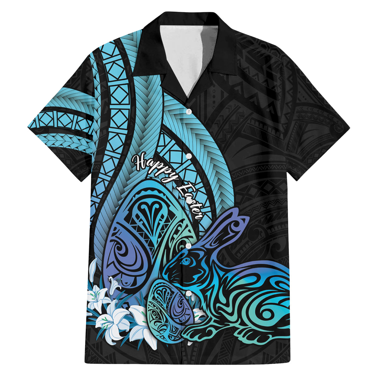 Turquoise Polynesia Easter Day Family Matching Mermaid Dress and Hawaiian Shirt Eggs With Bunny Polynesian Pattern LT14 Dad's Shirt - Short Sleeve Turquoise - Polynesian Pride
