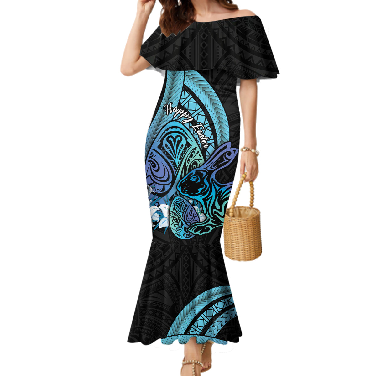 Turquoise Polynesia Easter Day Family Matching Mermaid Dress and Hawaiian Shirt Eggs With Bunny Polynesian Pattern LT14 Mom's Dress Turquoise - Polynesian Pride