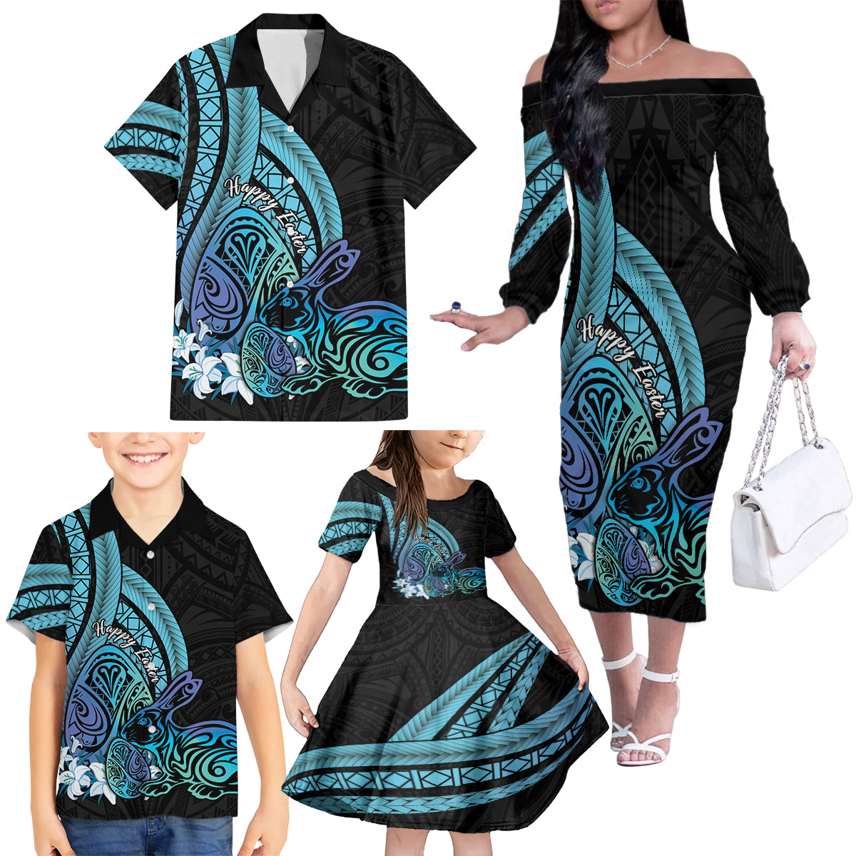 Turquoise Polynesia Easter Day Family Matching Off The Shoulder Long Sleeve Dress and Hawaiian Shirt Eggs With Bunny Polynesian Pattern