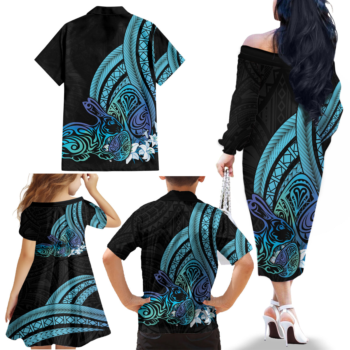 Turquoise Polynesia Easter Day Family Matching Off The Shoulder Long Sleeve Dress and Hawaiian Shirt Eggs With Bunny Polynesian Pattern LT14 - Polynesian Pride