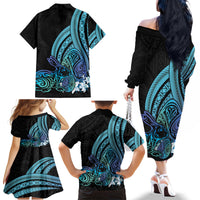 Turquoise Polynesia Easter Day Family Matching Off The Shoulder Long Sleeve Dress and Hawaiian Shirt Eggs With Bunny Polynesian Pattern LT14 - Polynesian Pride
