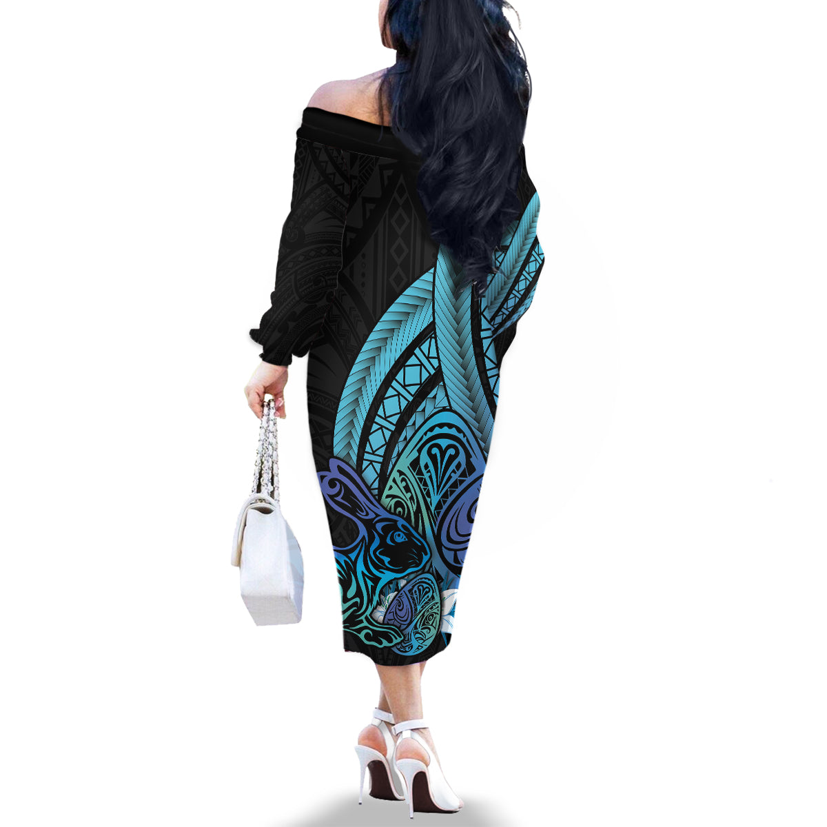 Turquoise Polynesia Easter Day Family Matching Off The Shoulder Long Sleeve Dress and Hawaiian Shirt Eggs With Bunny Polynesian Pattern LT14 - Polynesian Pride
