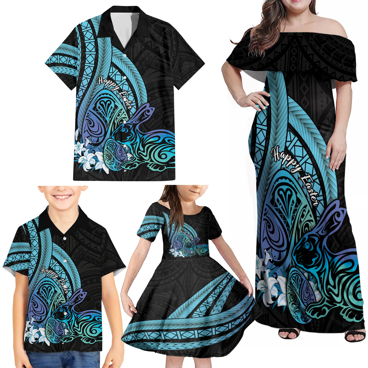 Turquoise Polynesia Easter Day Family Matching Off Shoulder Maxi Dress and Hawaiian Shirt Eggs With Bunny Polynesian Pattern