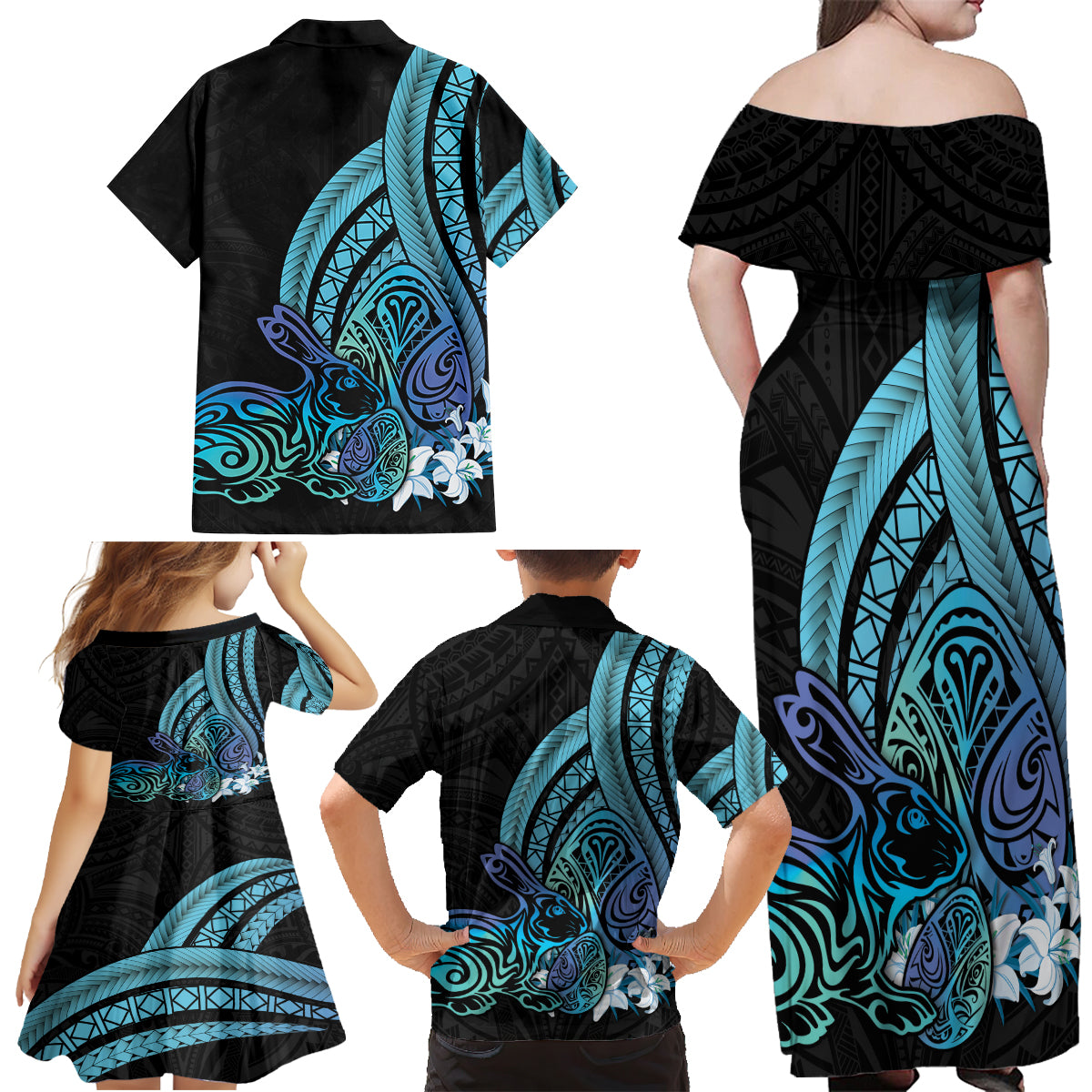 Turquoise Polynesia Easter Day Family Matching Off Shoulder Maxi Dress and Hawaiian Shirt Eggs With Bunny Polynesian Pattern LT14 - Polynesian Pride