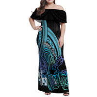 Turquoise Polynesia Easter Day Family Matching Off Shoulder Maxi Dress and Hawaiian Shirt Eggs With Bunny Polynesian Pattern LT14 Mom's Dress Turquoise - Polynesian Pride
