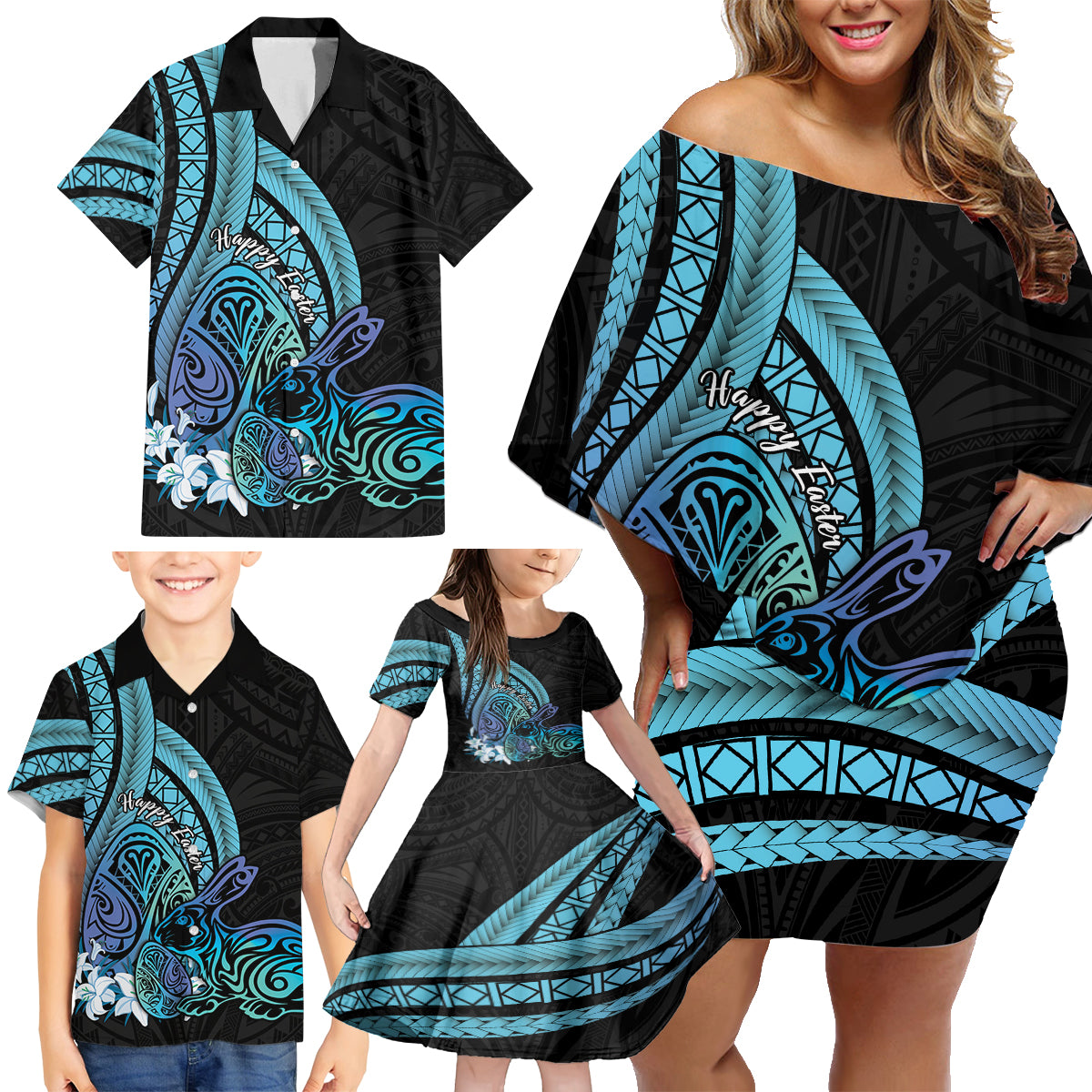 Turquoise Polynesia Easter Day Family Matching Off Shoulder Short Dress and Hawaiian Shirt Eggs With Bunny Polynesian Pattern LT14 - Polynesian Pride