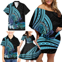 Turquoise Polynesia Easter Day Family Matching Off Shoulder Short Dress and Hawaiian Shirt Eggs With Bunny Polynesian Pattern LT14 - Polynesian Pride