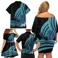 Turquoise Polynesia Easter Day Family Matching Off Shoulder Short Dress and Hawaiian Shirt Eggs With Bunny Polynesian Pattern LT14 - Polynesian Pride