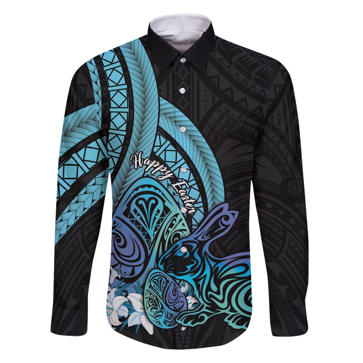 Turquoise Polynesia Easter Day Family Matching Off Shoulder Short Dress and Hawaiian Shirt Eggs With Bunny Polynesian Pattern LT14 Dad's Shirt - Long Sleeve Turquoise - Polynesian Pride
